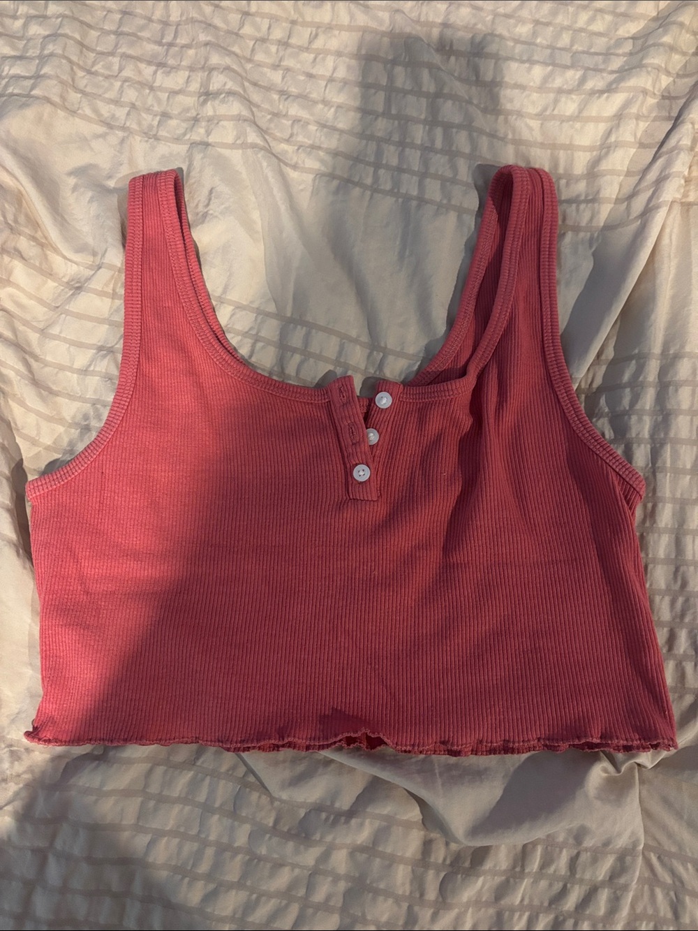 American Eagle Ribbed Pink Cropped Tank Top with Button Detail